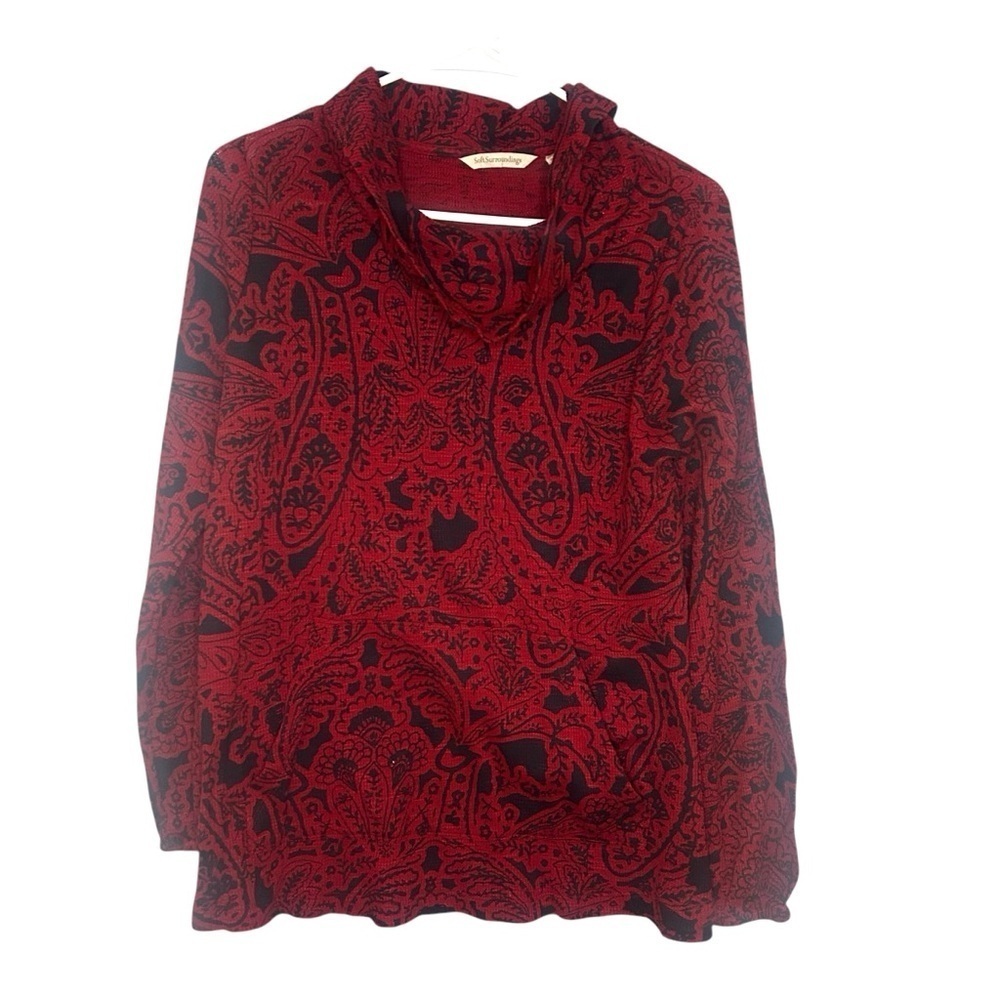 Soft Surroundings Cowl Neck Paisley Waffle Knit Top Cozy Red Black Small